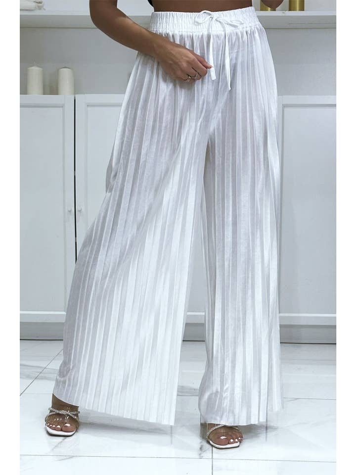 LS GROUP – Engroshandel Bukser - Dame – Hvid plisseret palazzobukser i satin One size