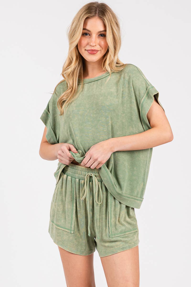 Sewn and Seen - Wholesale Lounge Set - Women's - MINERAL WASHED TOP AND SHORTS RIB SET 29
