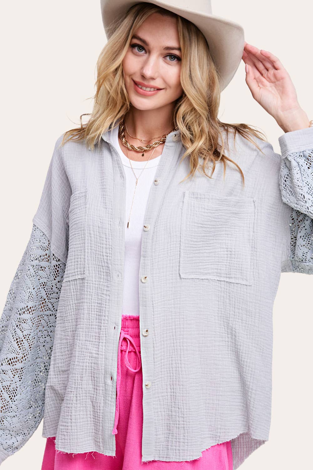 La Miel - Wholesale Button Down Shirt - Women's - SRT7455-Crochet Detailed Sleeve Gauze Button Down Shirts14