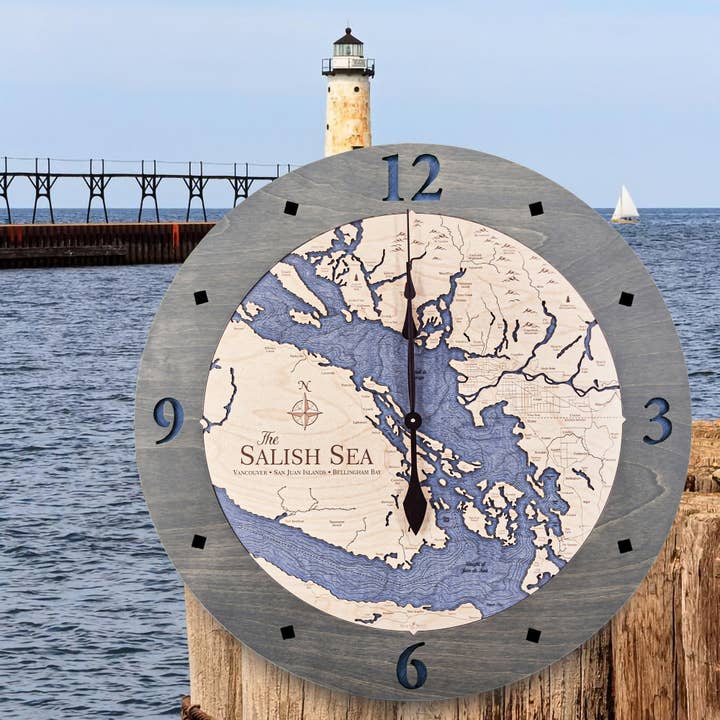 Orologio da Parete in Legno con Carta Nautica 3D del Mare di Salish - 2 Livelli per la vendita all'ingrosso da parte di Sea & Soul Nautical Chart Art