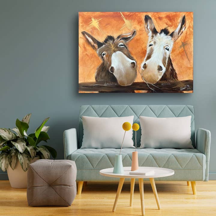 Whimsical Donkey Art: Playful Portrait of Dandelion and Delilah for wholesale by Wendy Laverick