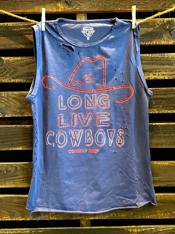 Long Live Cowboy Relaxed Fit distressed Rolled sleeve Muscle top for wholesale by Country Deep Apparel