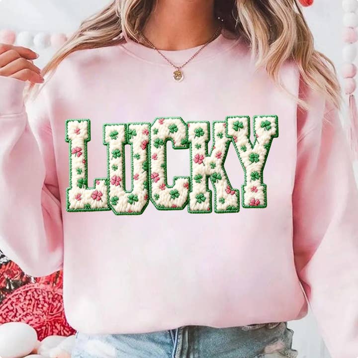 Lucky Faux-Chenille Clover Varsity Sweatshirt for wholesale by Top Knot Apparel