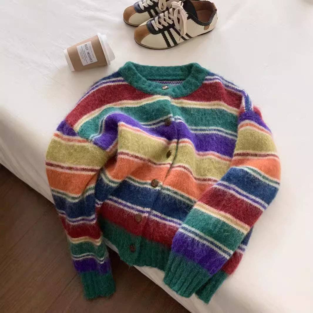Marayn - Wholesale Cardigan - Women's - Retro Rainbow Stripe Knit Cardigan Cozy  Chic20