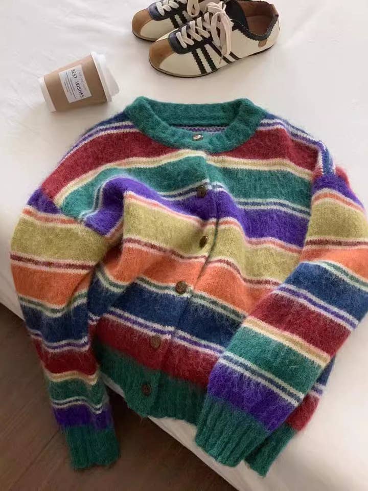Marayn - Wholesale Cardigan - Women's - Retro Rainbow Stripe Knit Cardigan Cozy Chic20
