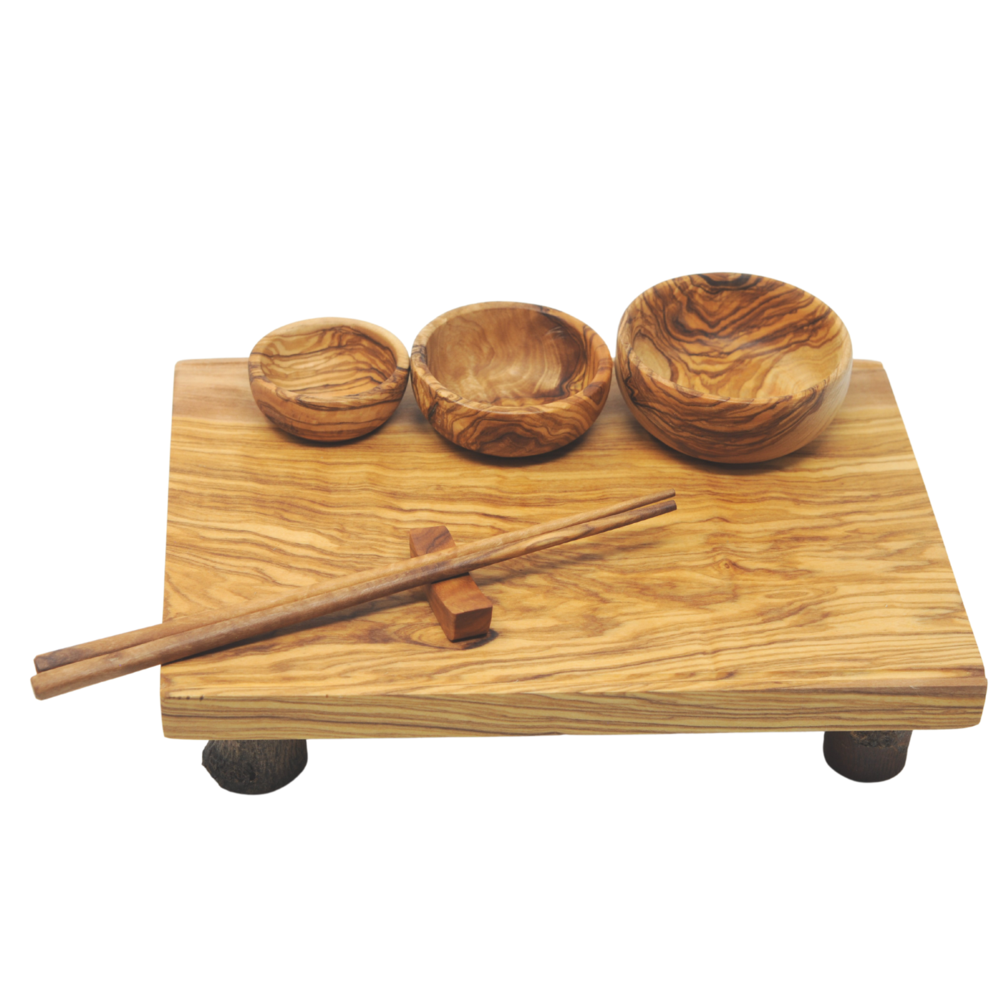 Wooden Coaster Set- Olive Wood Rustic Holder and 8 Coasters