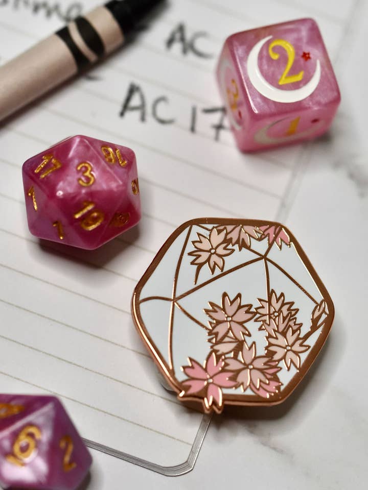 Cherry Blossom D20 Hard Enamel Pin (White) for wholesale by livelygold