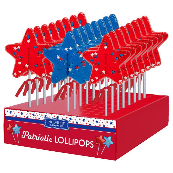 Sucettes Patriotic Star Confetti - Bleu et rouge pour la vente par Melville Candy Company