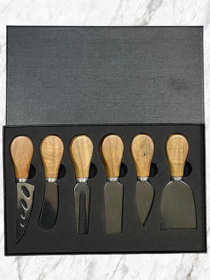 Small Utensils set of 6 Acacia Wood in Black gift box for wholesale by Kitchenware Imports