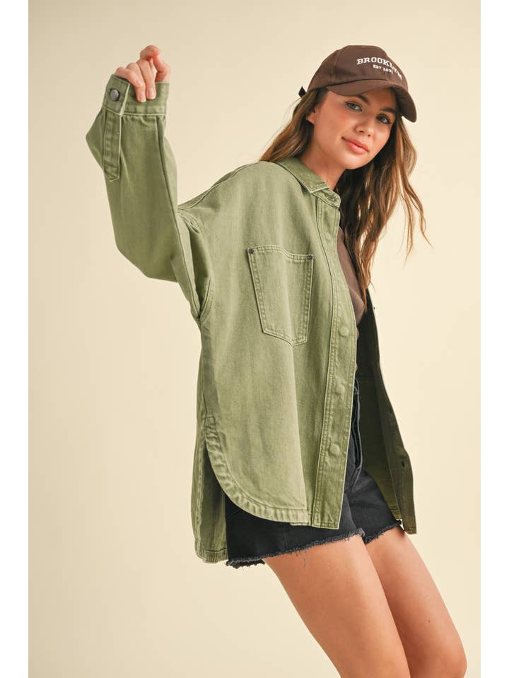 MIOU MUSE - Wholesale Jacket - Women's - J5364 WASHED SNAP BUTTON DENIM SHACKET