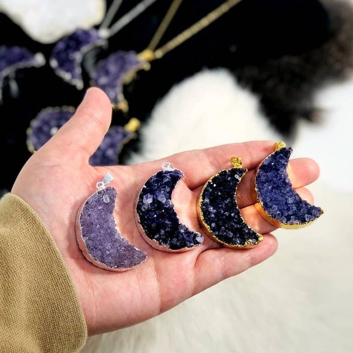Rock Paradise - Wholesale Individual Charm/Pendant - Amethyst Druzy Moon Pendants with Electroplated 24k Gold/Silver Edge2
