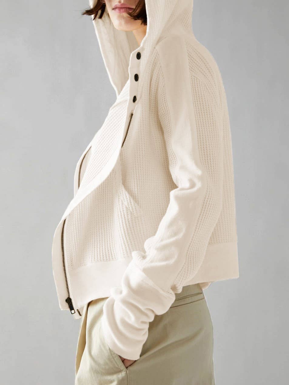 Rosa Clothing - Wholesale Hoodie - Women's - half button zip up waffle crop hoodie sweatshirt jacket11