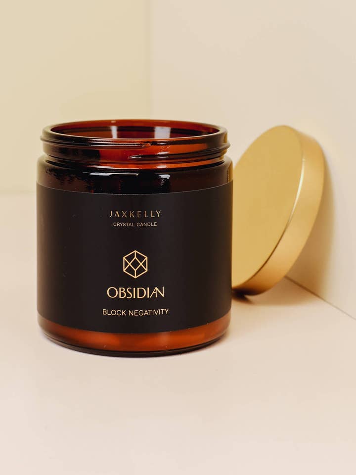 16oz Amber Crystal Candles - Obsidian - Block Negativity for wholesale by JaxKelly Candles