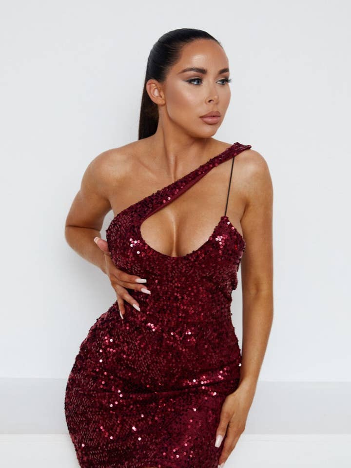 Wine Sequin One Shoulder Cut Out Bodycon Mini Dress - Ivy for wholesale by Femme Luxe