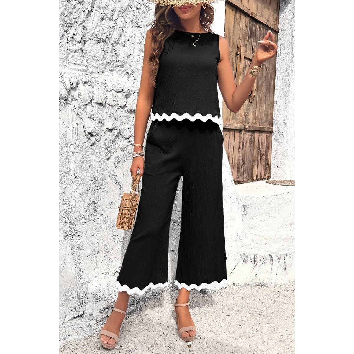 BLACK Two Pieces Printed Sleeveless Pockets Sets for wholesale on Faire1