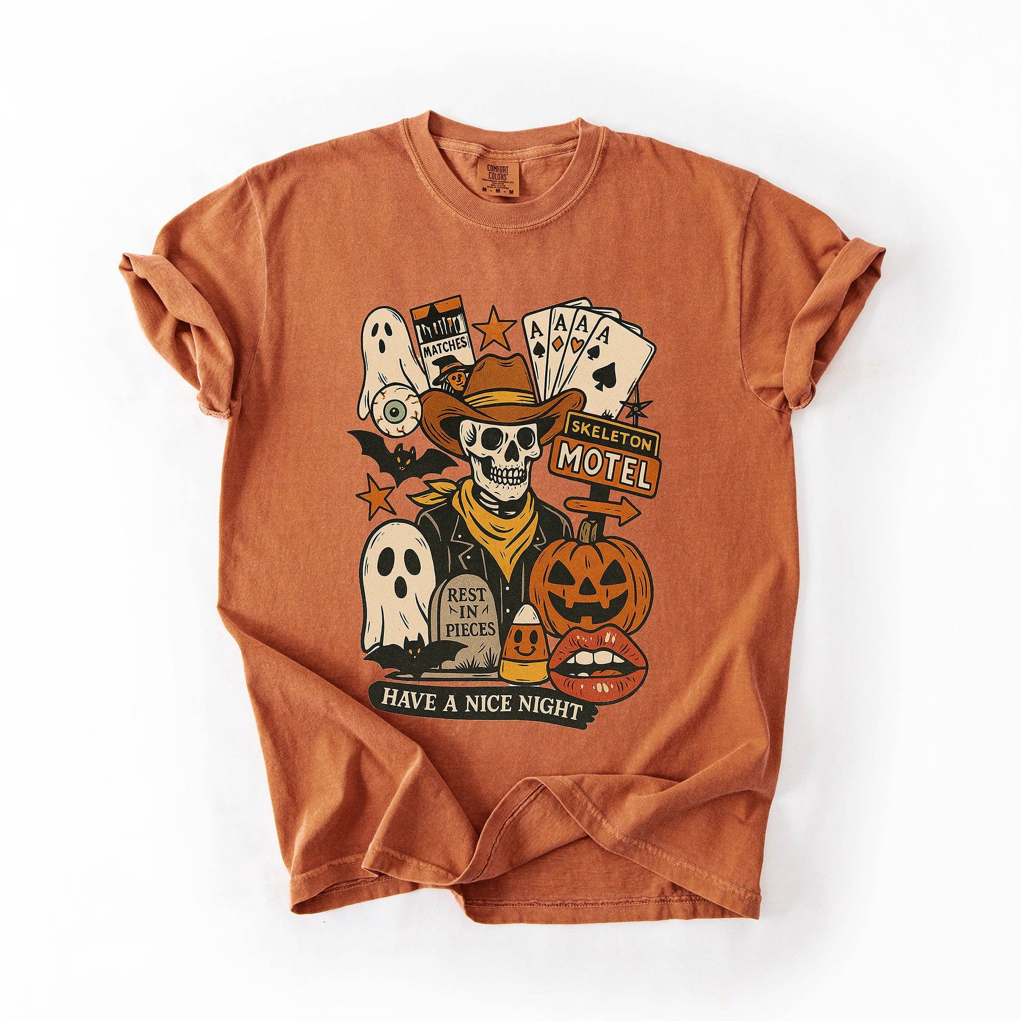 Refinery Number One LLC - Vente T-shirt à imprimés – unisexe - T-shirt rétro squelette motel, classique, vintage Halloween7