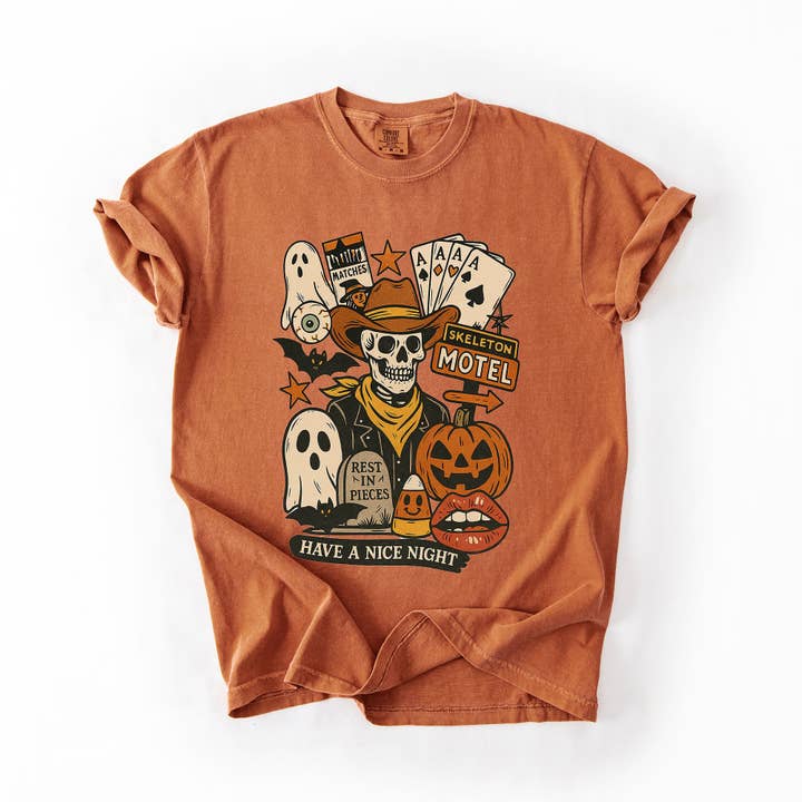 Refinery Number One LLC - Vente T-shirt à imprimés – unisexe - T-shirt rétro squelette motel, classique, vintage Halloween7