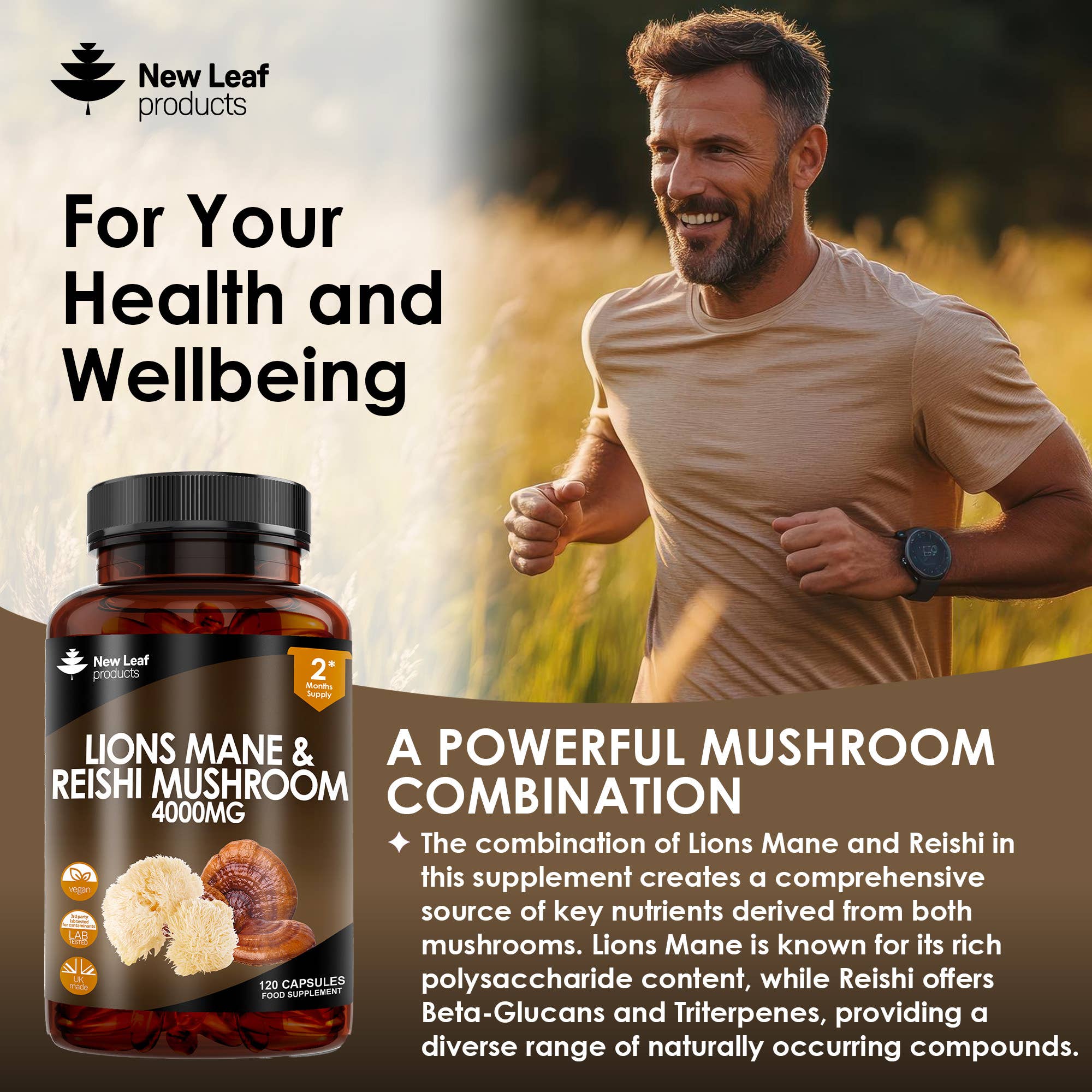 New Leaf products Ltd – wholesale Oral supplement/vitamin – Lions Mane & Reishi Mushroom Capsules 4000mg Vegan 120 fill2