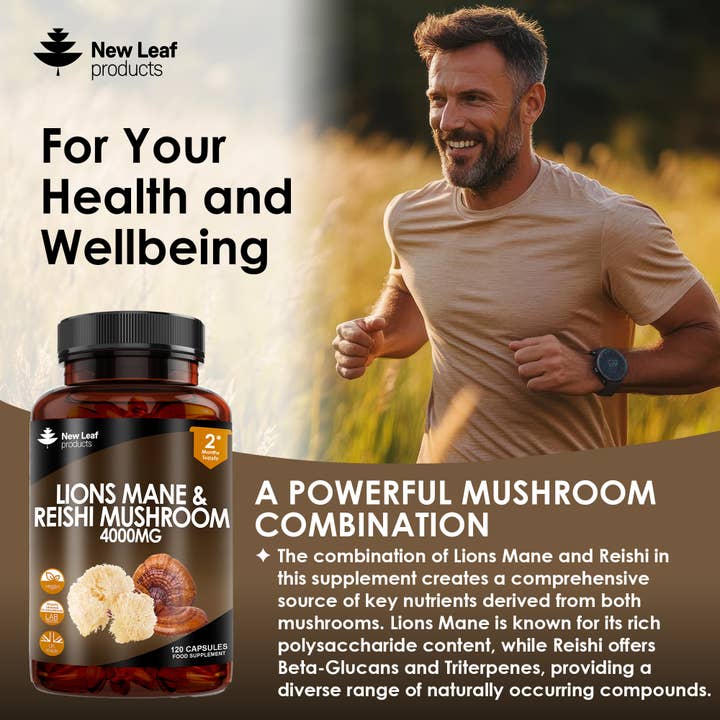 New Leaf products Ltd – wholesale Oral supplement/vitamin – Lions Mane & Reishi Mushroom Capsules 4000mg Vegan 120 fill2
