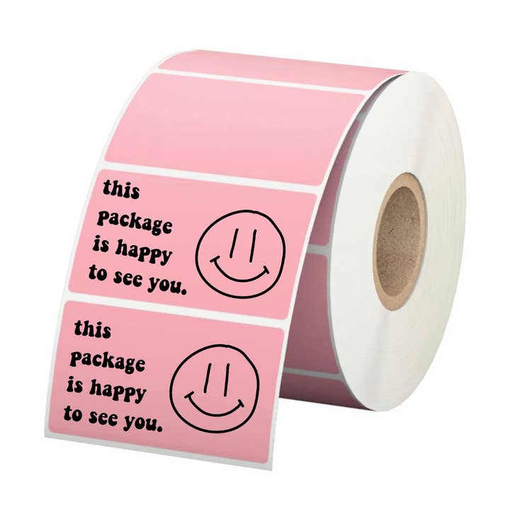 "This package is so happy to see you" 500 packaging labels for wholesale by Unknown Designs