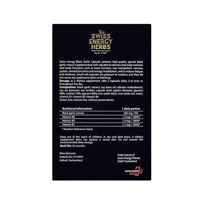 SwissHerbs Pharma GmbH - Vente Supplément oral/vitamine - Swiss Energy Herbs, compléments d'ail noir avec vitamines B2