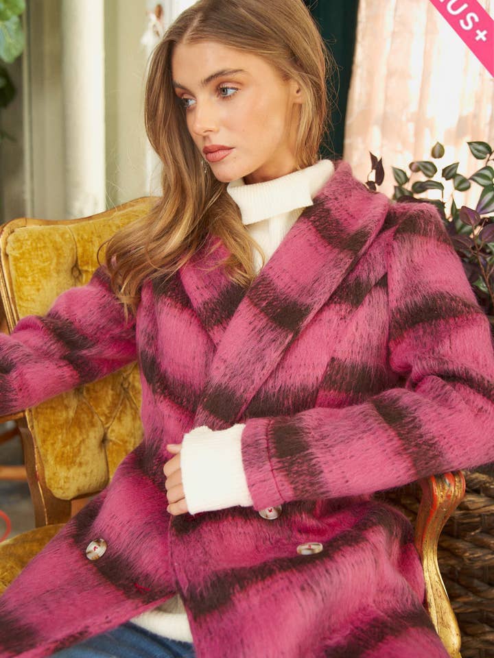 Hot Pink PLUS FUZZY PLAID DOUBLE BREASTED JACKET for wholesale on Faire1