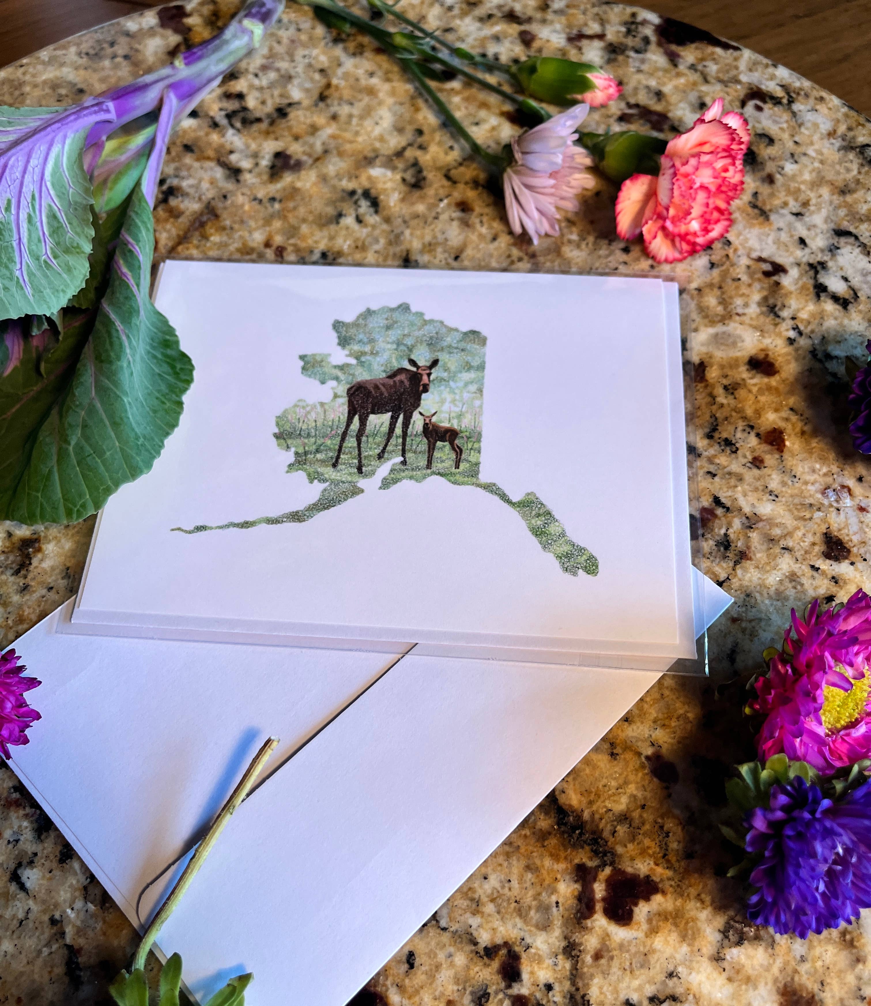 Sea Spray AK - Wholesale Everyday Greeting Card - Alaska State Map Momma Moose and Calf Greeting Card2