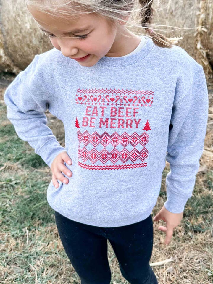 Christmas 'Eat Beef Be Merry' Toddler/Youth Grey Crewneck for wholesale by American Farm Company