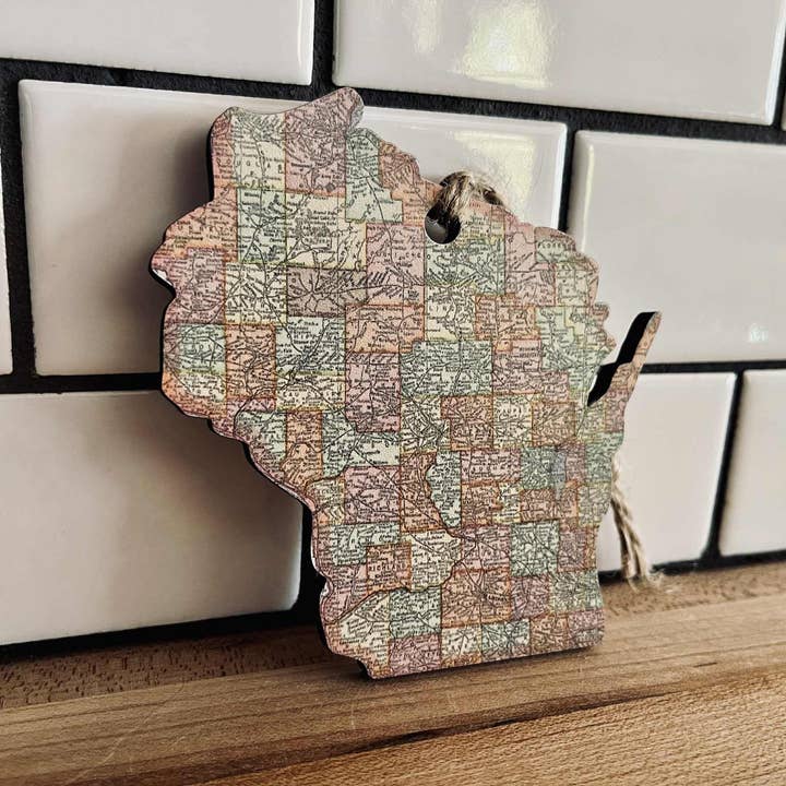 The Farmer's Wife – Großhandel Verzierung – Wisconsin-Kartenornament – Vintage-Staat-Weihnachtsbaumdekoration, rustikales Ahornholz-Urlaubsornament, handgefertigtes Wisconsin-Geschenkdekor1