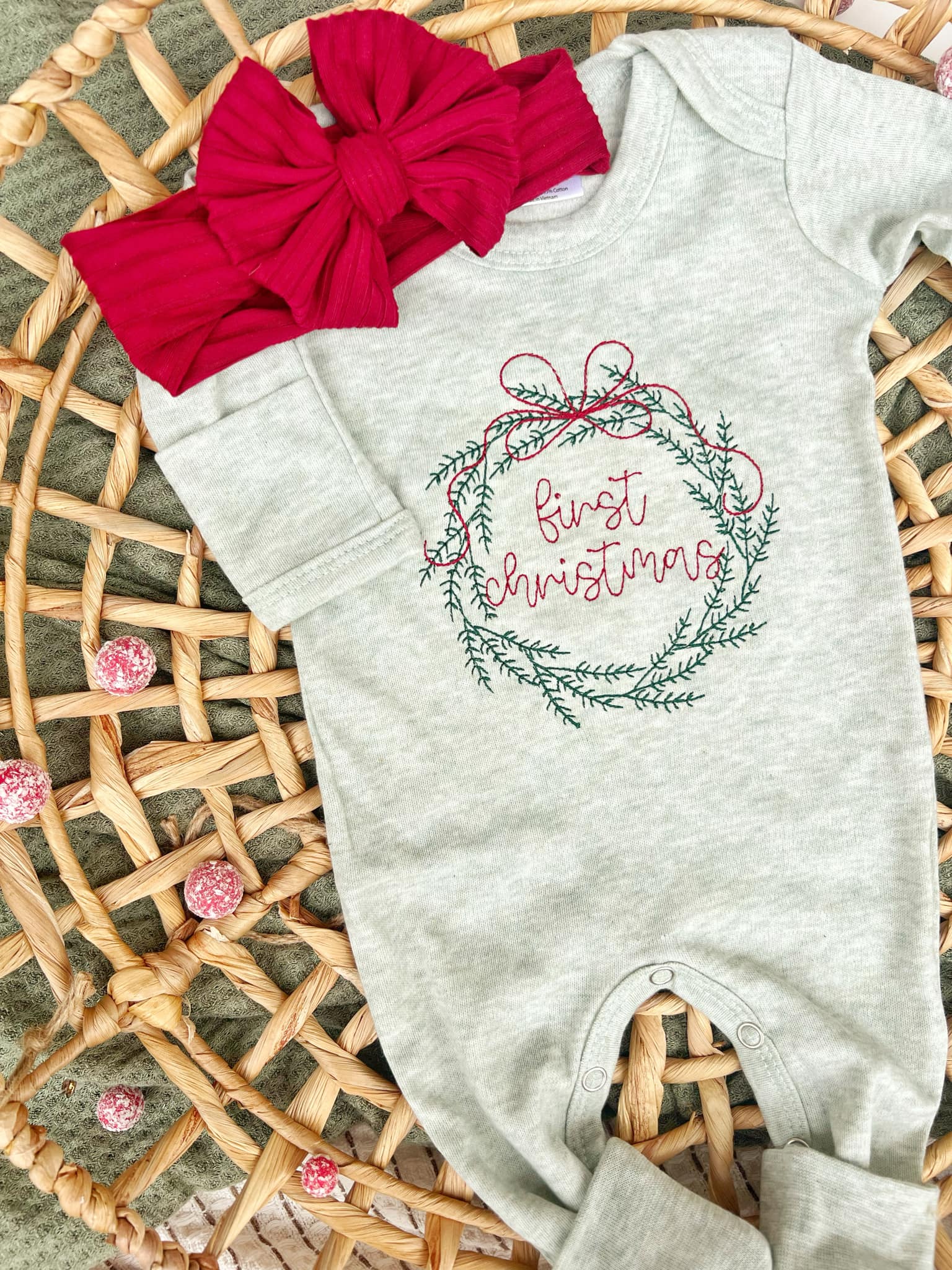 Wonderfully Made - Wholesale Jumpsuit - Baby - Baby Romper | Sage Green First Christmas Wreath Outfit2