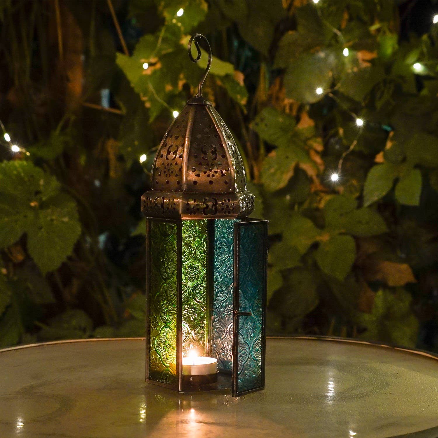 In the Breeze, LLC. - Wholesale Candle Holder - Large Teal & Green Hex Glass Tealight Lantern2
