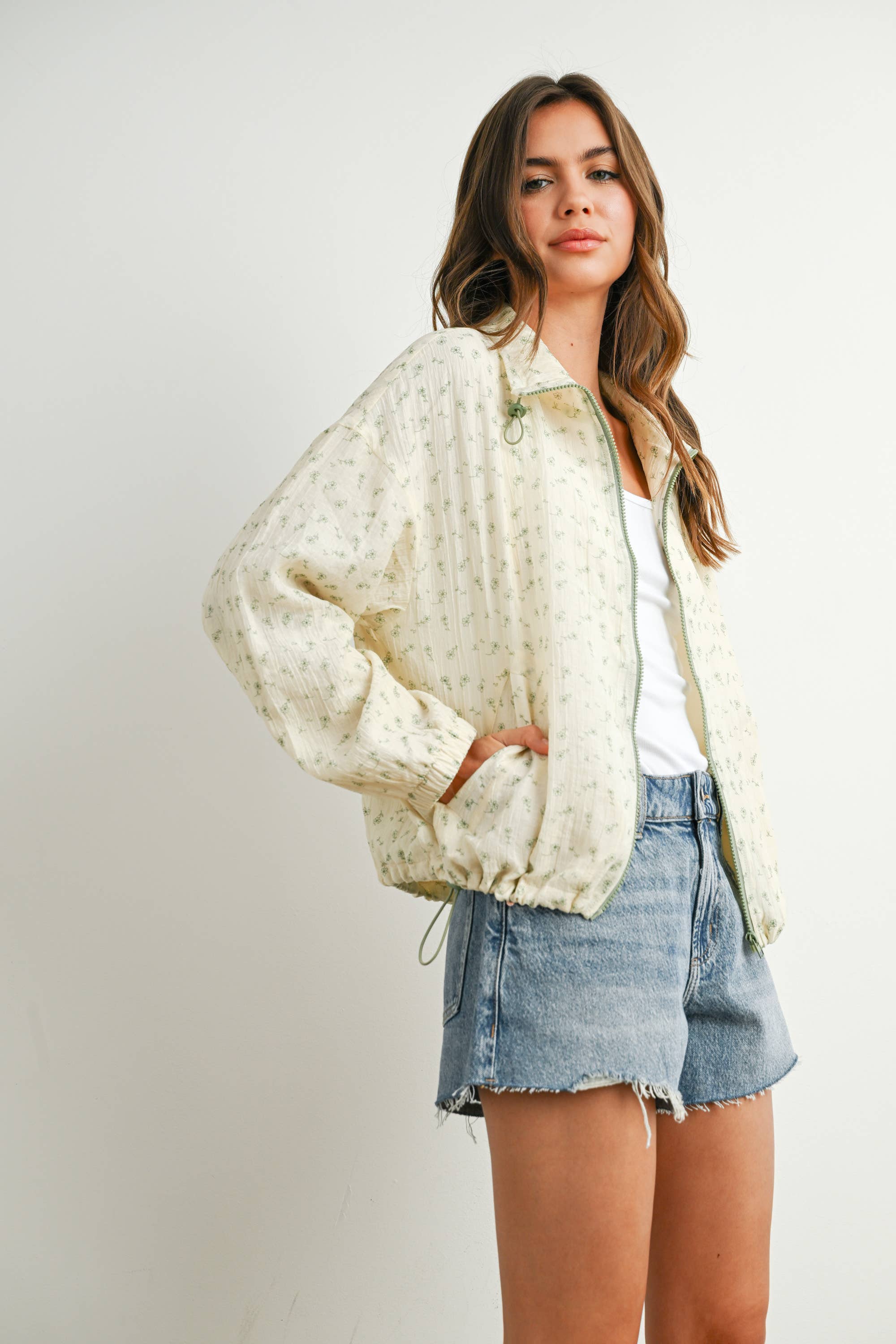 BUTTERMELON - Wholesale Jacket - Women's - Floral Zip-Up Collared Jacket - BMJ788225