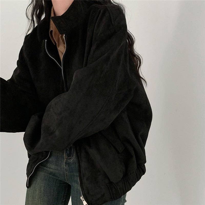 FurDecoration – Großhandel Jacke – Damen – Vintage-Pulloverjacke aus Wildleder mit zwei Reißverschlüssen in Uni-Farbe2