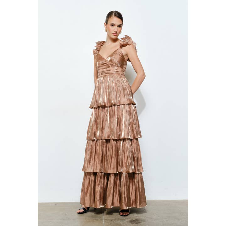 INA - Wholesale Dress - Women's - Ruffled Strap Tiered Shiny Maxi Dress20