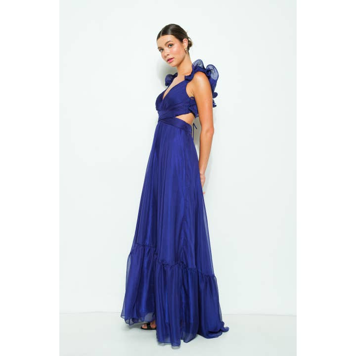 DEEP VIOLET Chiffon Ruffle Shoulder V Neck Maxi Dress for wholesale on Faire