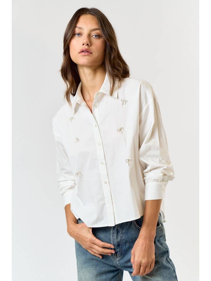 Lalavon - Wholesale Button Down Shirt - Women's - Rhinestone Bow Jewel Button Down Shirt 4