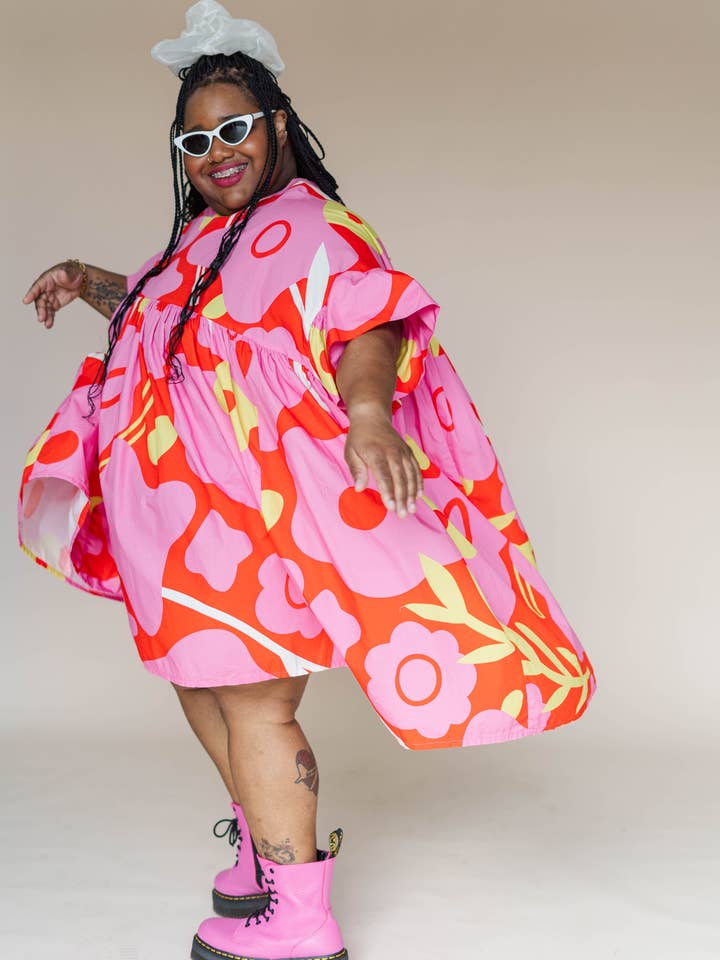 Size Inclusive Plus Size Ruffle Mini Dress Flower Print Pink for wholesale by Nettle Studios