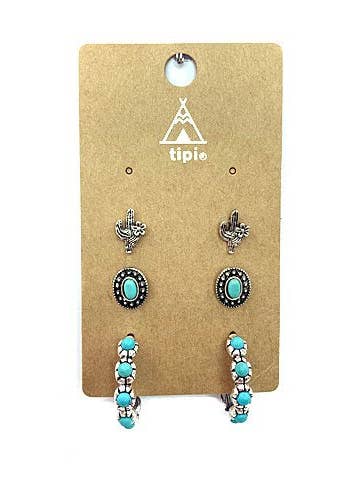 Western 3 Pair Turquoise Hoop Earring Set for wholesale by Snowing West