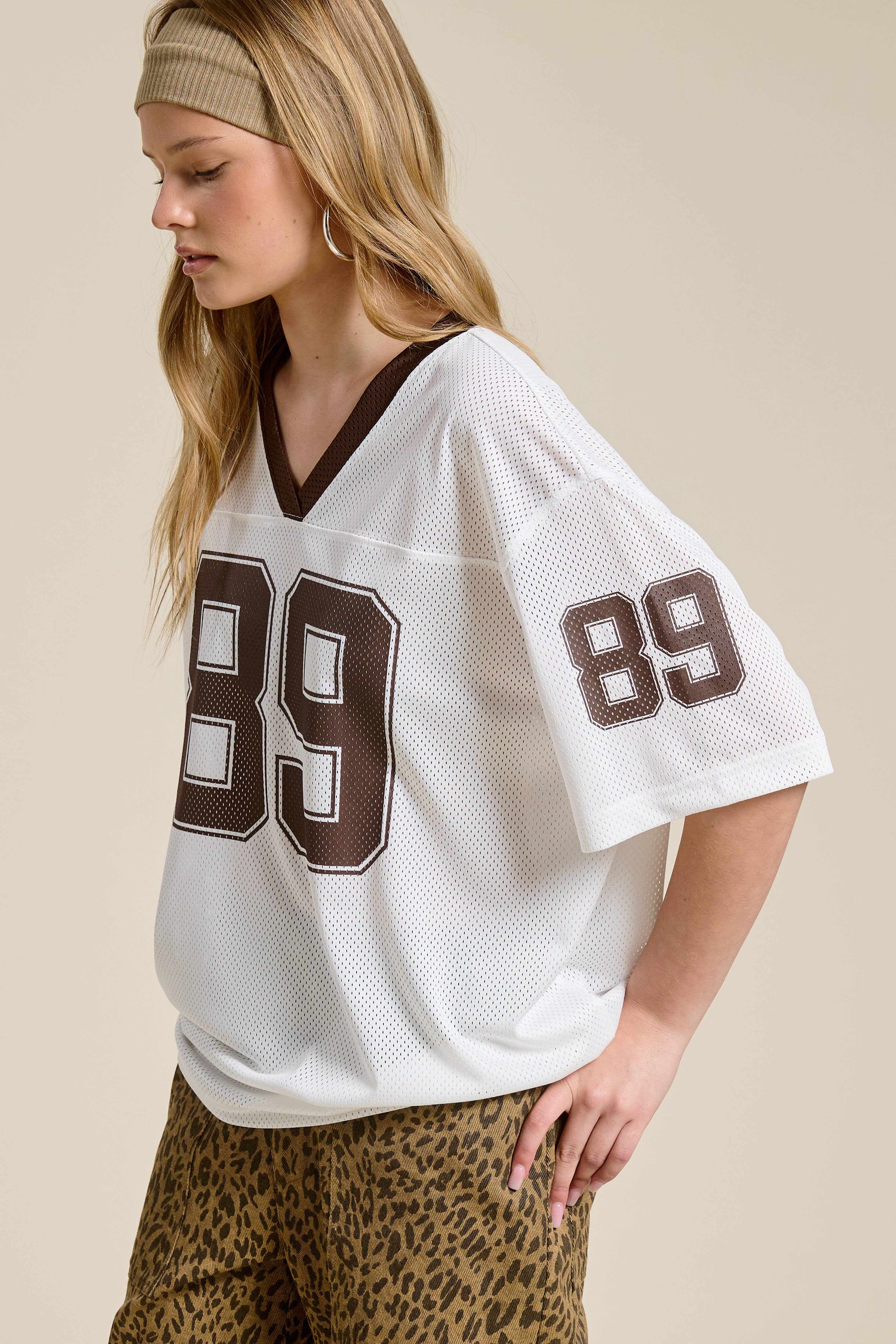 Mimosa - Wholesale T-Shirt - Women's - Sporty V Neck Short Sleeve Jersey Top with 89 Graphic Print2