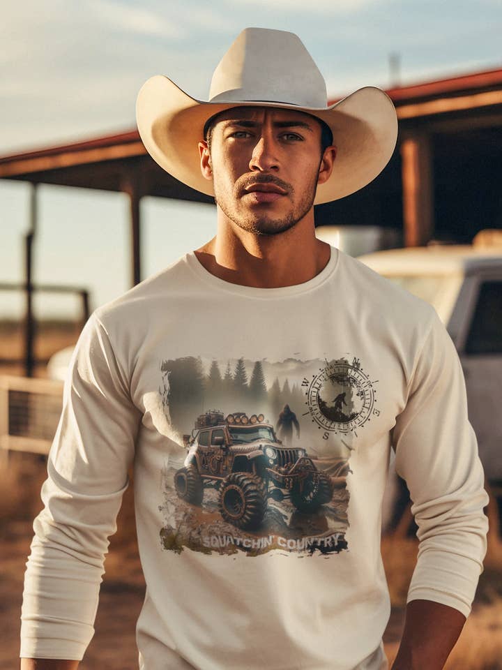 Rustic Bigfoot Jeepin Squatchin' Country t-shirt for wholesale by Squatchin’ Country