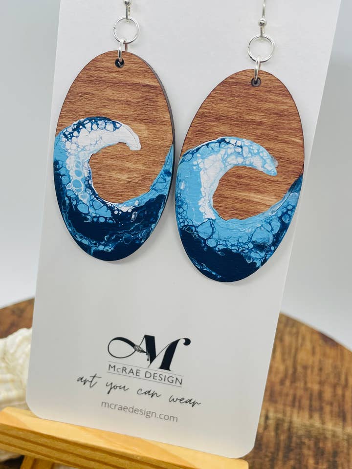 The Wave - Oval Hand Painted Wooden Earrings for wholesale by McRae Design