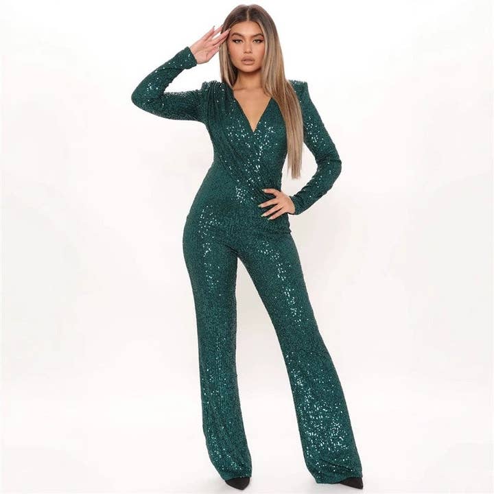 Paillet V-hals Langærmet Buksedragt for engroshandel hos Plush Looks