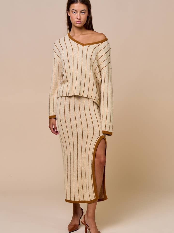 ILS5022 Striped V-Neck Knit Top with Matching Maxi Skirt for wholesale by Lalavon