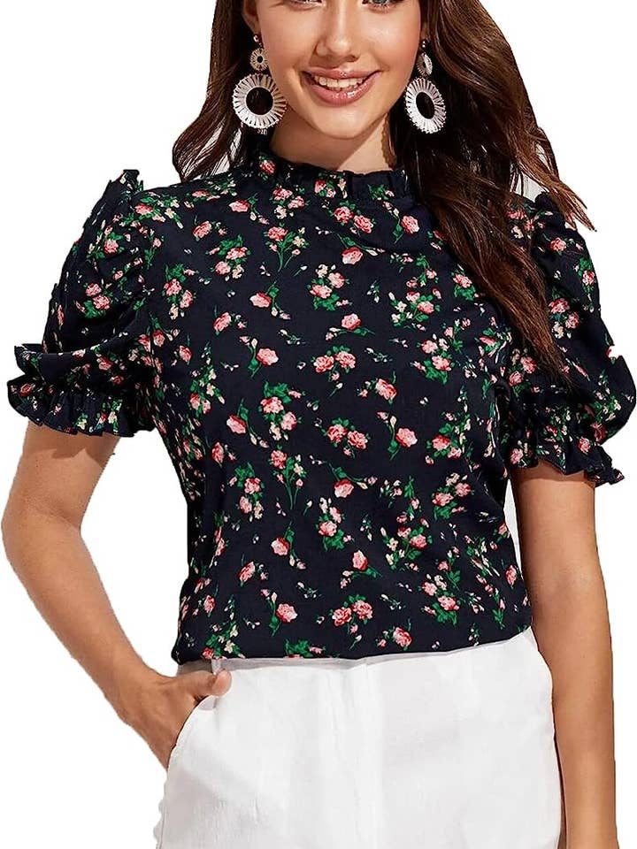 Women's Casual Poly Cotton Puff Sleeves Top Black for wholesale by NEOSTITCH LLC