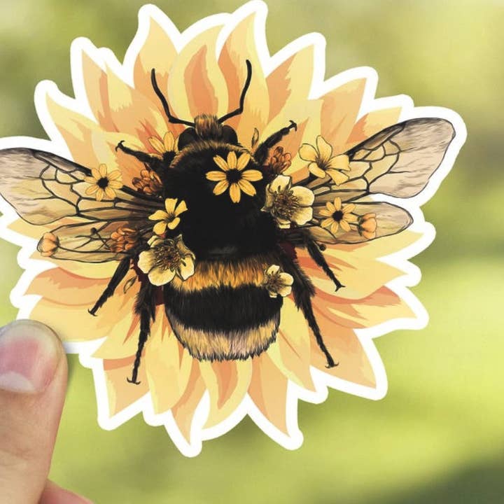 Bumblebee and Flowers Waterproof Vinyl Sticker for wholesale by Heirloom Ink