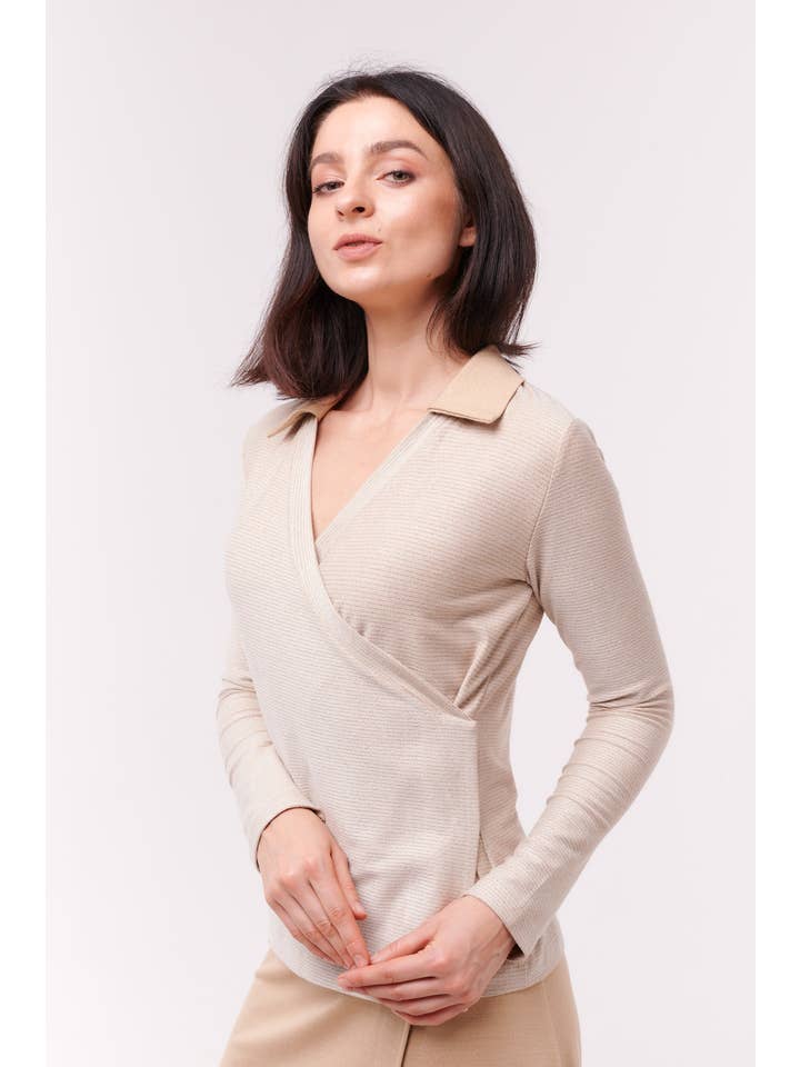 Cream Topp Wrap med krage grädde färgad Långärmad för wholesale på Faire