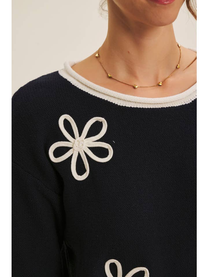 in february - Wholesale Knit Sweater - Women's - EFFORTLESS COMFORT CONTRAST FLORAL APPLIQUE SOFT SWEATER22