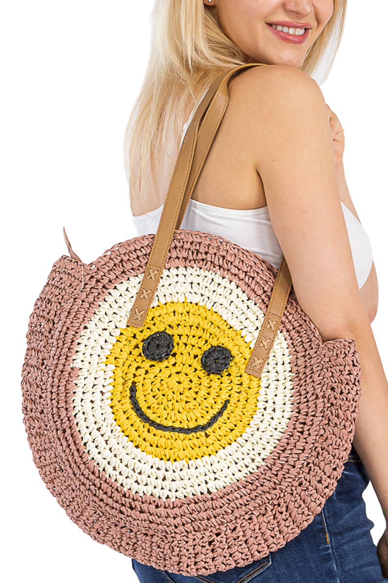 Cap Zone - Vendita all'ingrosso Borsa da spiaggia - Borsa da spiaggia rotonda in rattan con faccina sorridente6