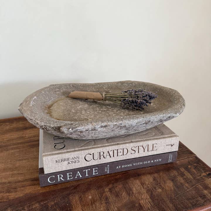 Vintage Marble Kharal Stone Tray, Antique Limestone Carved Oval Tray, Primitive Marble Centerpiece for wholesale by Project Kalaa