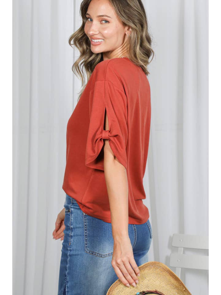 Vine & Love - Wholesale Blouse - Women's - Tie Accent Sleeve Soft Casual T-Shirt Top VT829075